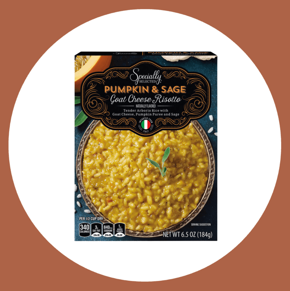 Pumpkin & Sage Goat Cheese Risotto box with pumpkin rice image.