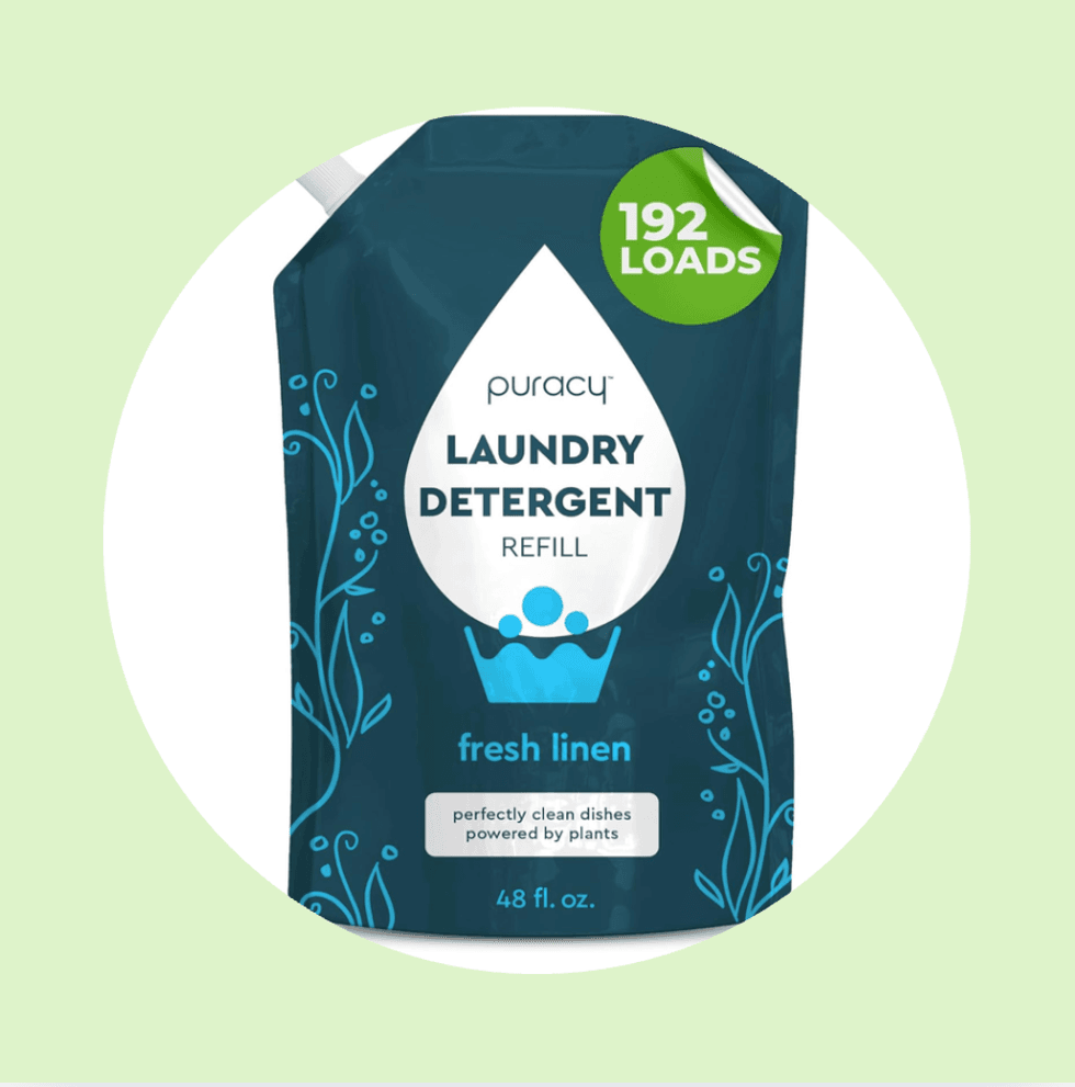 Puracy laundry detergent refill, fresh linen scent, 192 loads, 48 fl. oz. pouch.