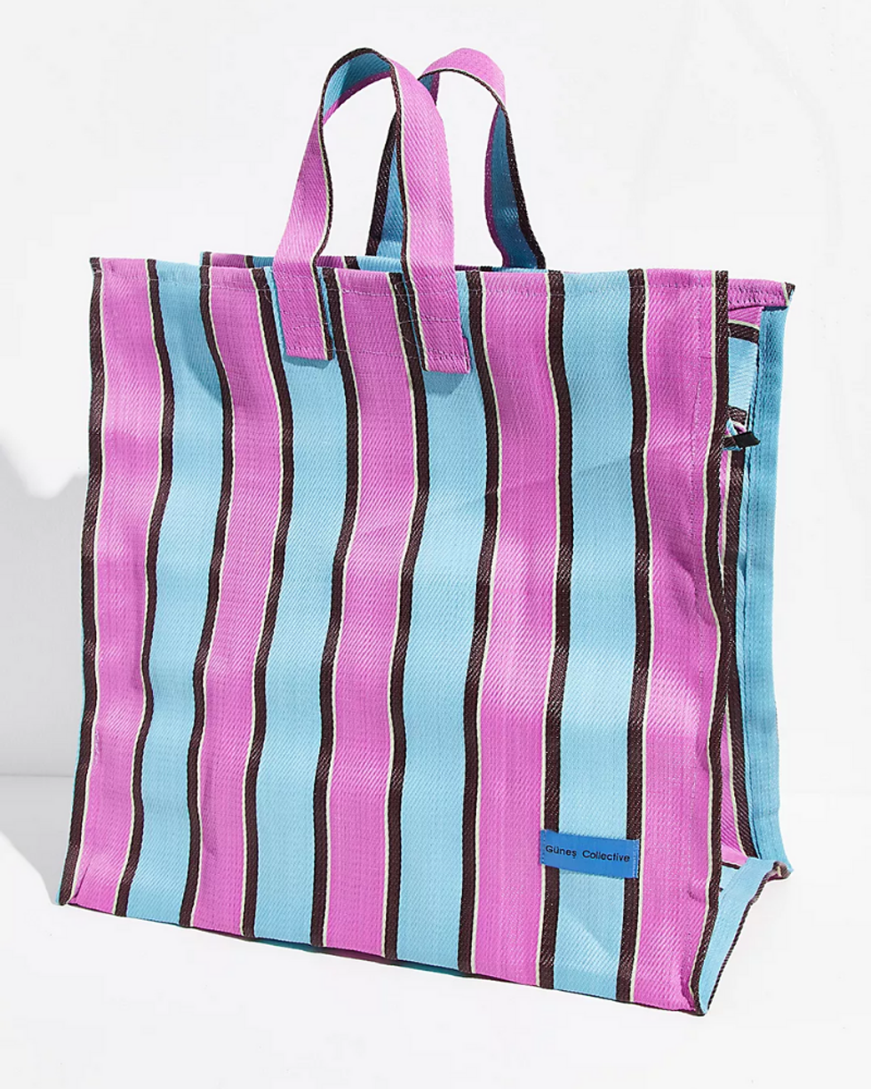 purple and blue Gunes Collective Medium Eternity Striped Tote