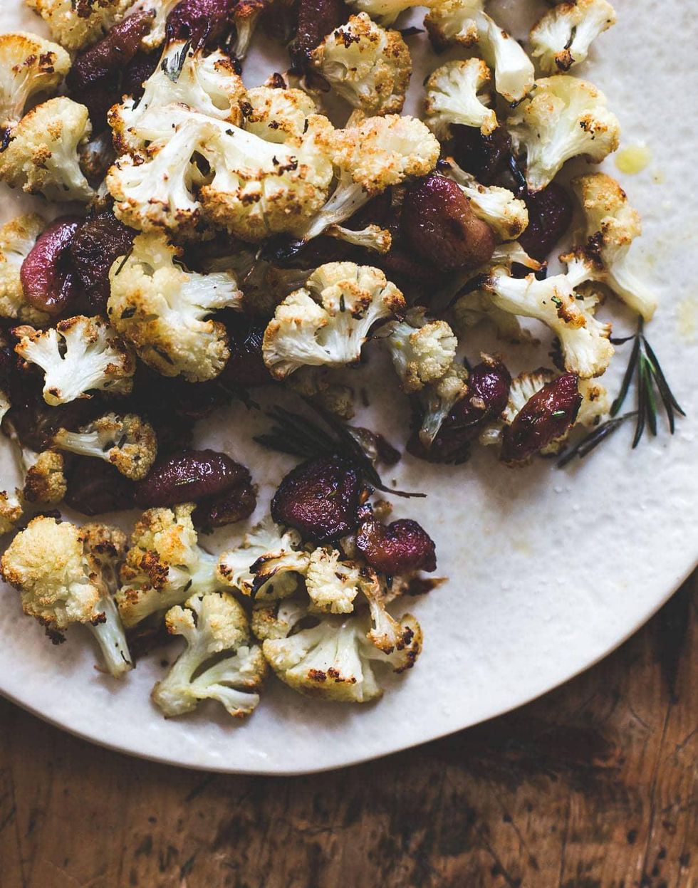 purple and white Rosemary Roasted Cauliflower and Grapes