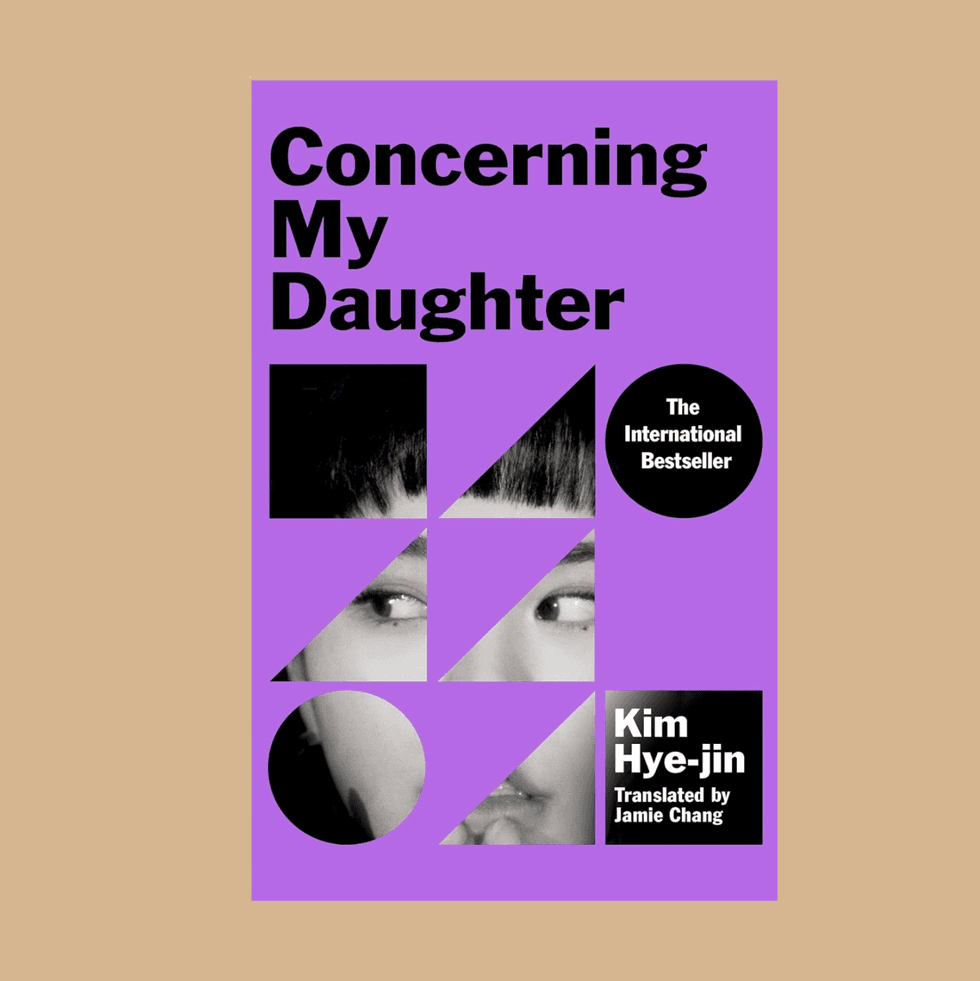 Purple book cover: "Concerning My Daughter" by Kim Hye-jin, geometric design featuring a face.