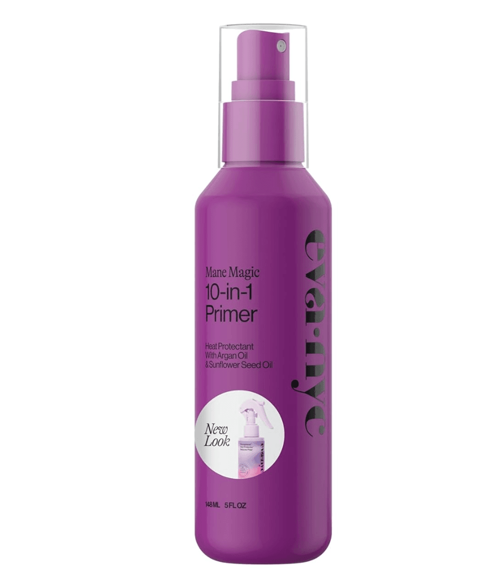 Purple bottle of Mane Magic 10-in-1 Primer, 148 ml, with heat protectant.