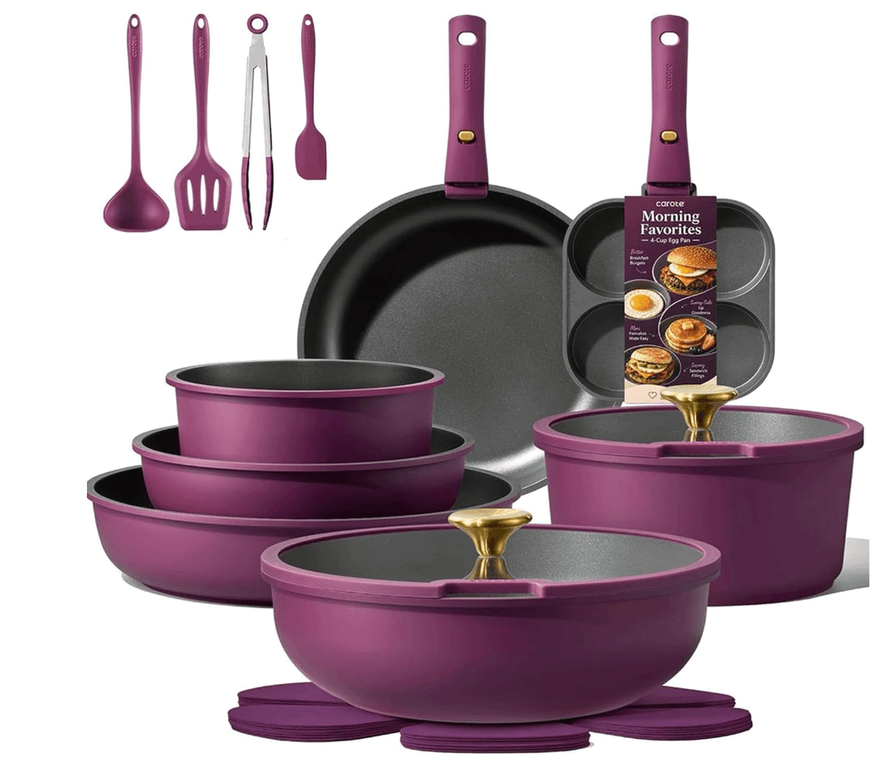 Purple cookware set with utensils and multi-sectioned fry pan.