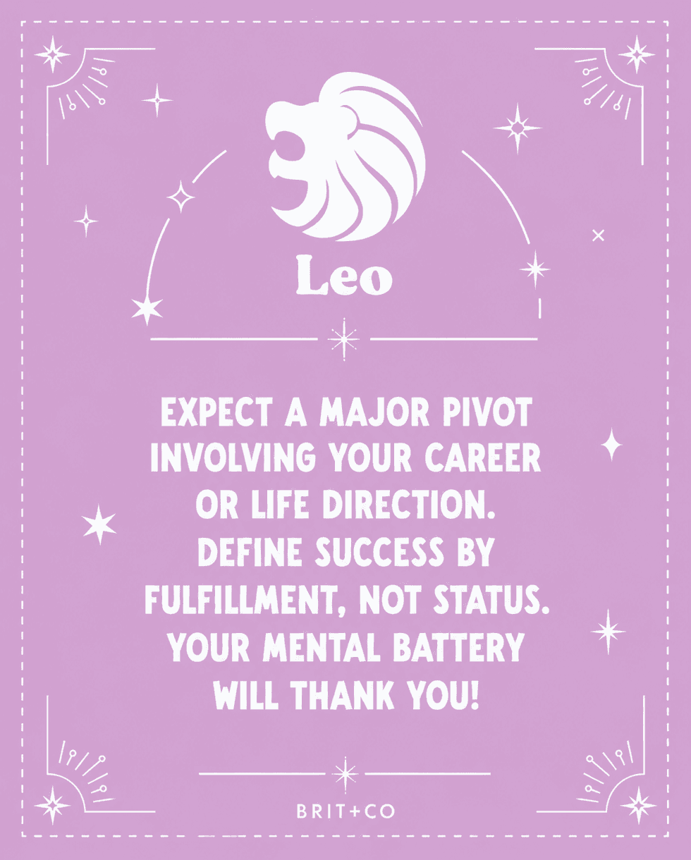 Purple Leo horoscope card with a lion symbol and motivational career advice.