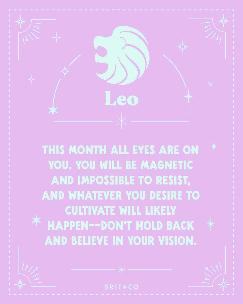 Purple Leo horoscope card with motivational text and lion symbol.