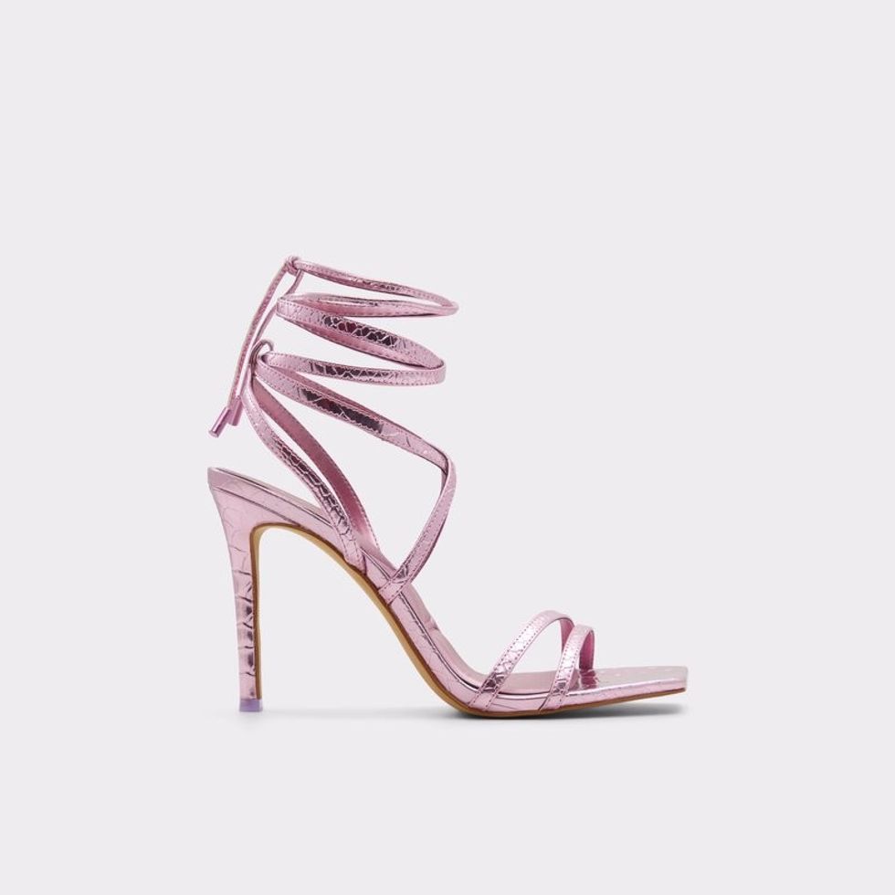 purple metallic strappy heels