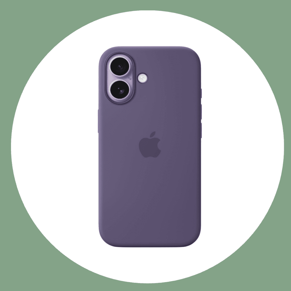 Purple smartphone with dual camera on a green circular background.