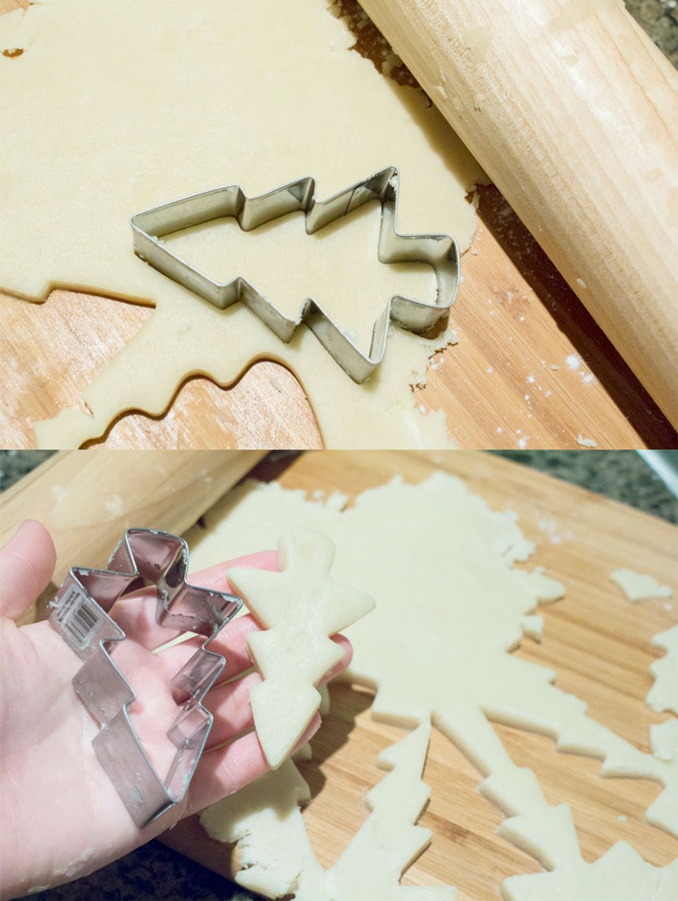 Push your Christmas Tree Cookie Cutter down int he dough - wiggle ever so slightly and then lift surrounding dough!