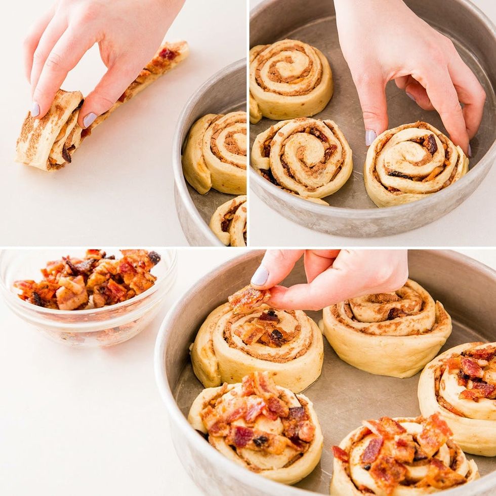 putting the cinnamon rolls in the pan