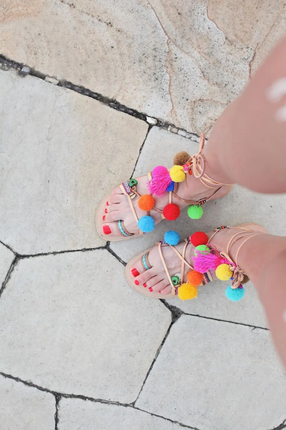 rainbow sandals and red nails at Home Pedicure Ideas
