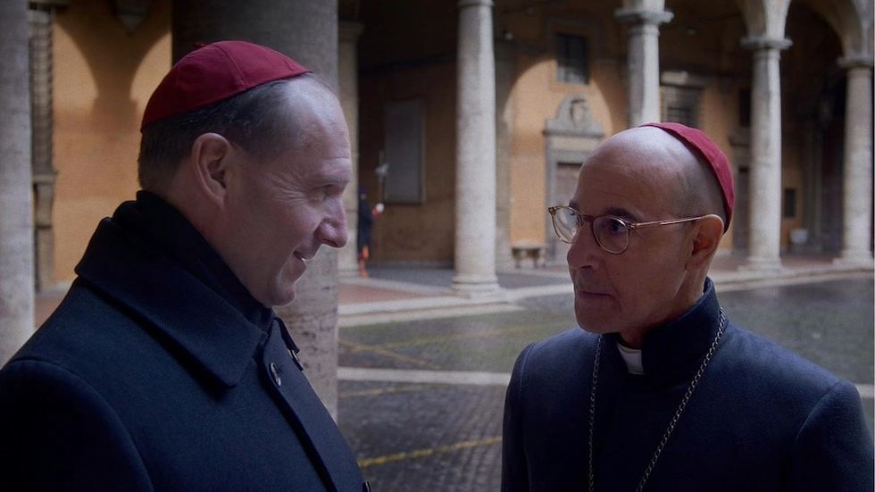 ralph fiennes and stanley tucci in 'conclave'