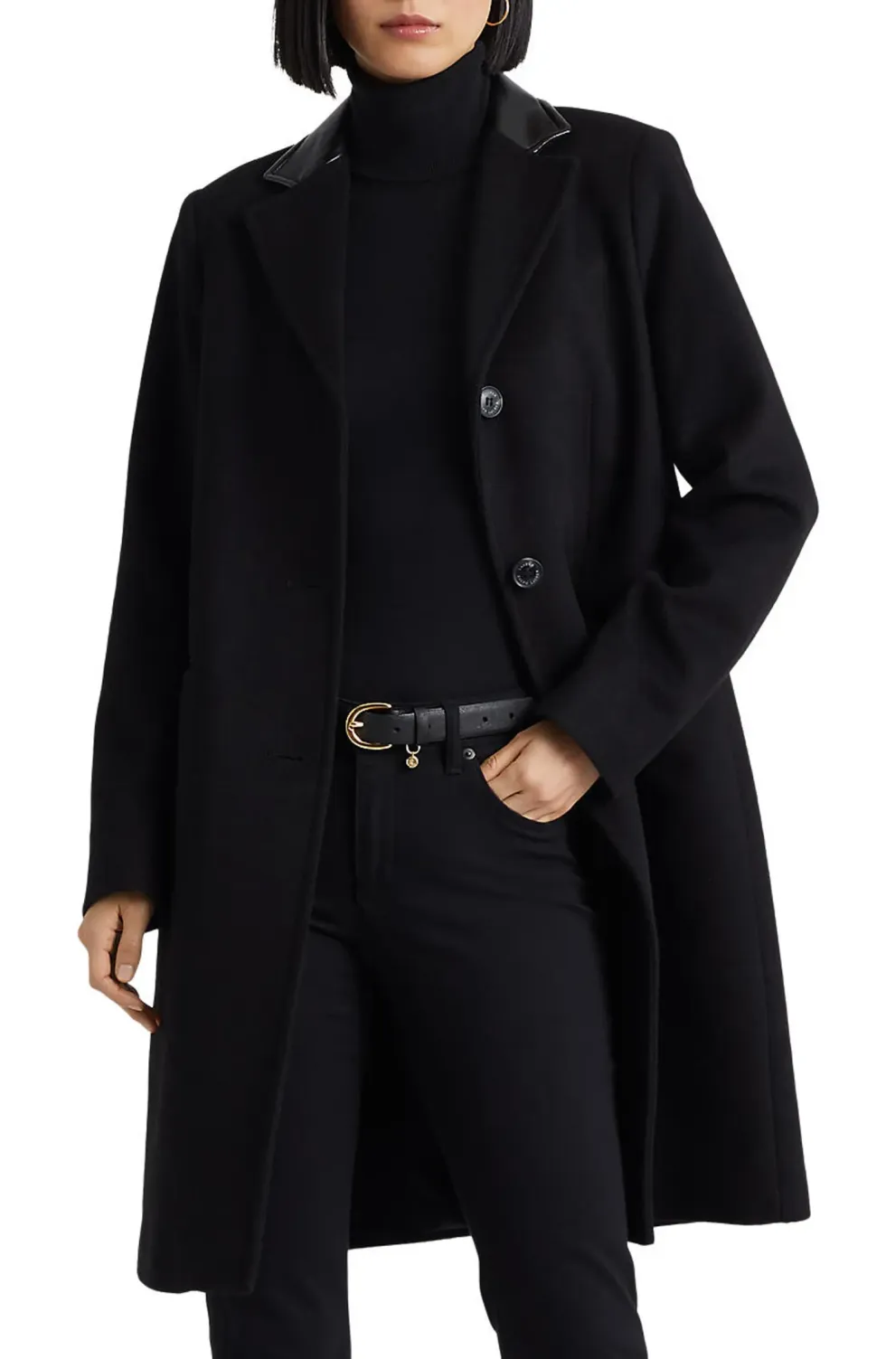 Ralph Lauren Faux Leather Trim Wool Blend Longline Coat