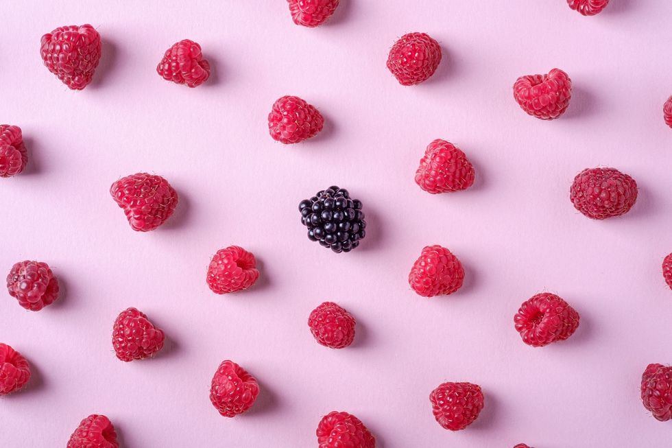 raspberries and blackberries on a pink background