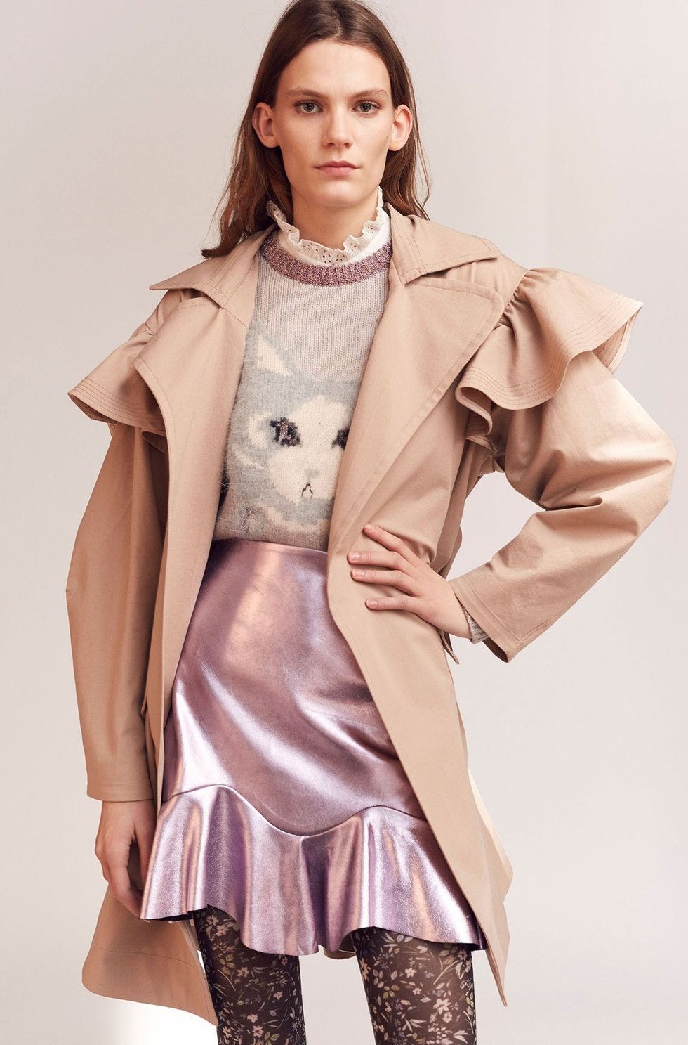 Rebecca Taylor Cotton Faille Ruffle Trench