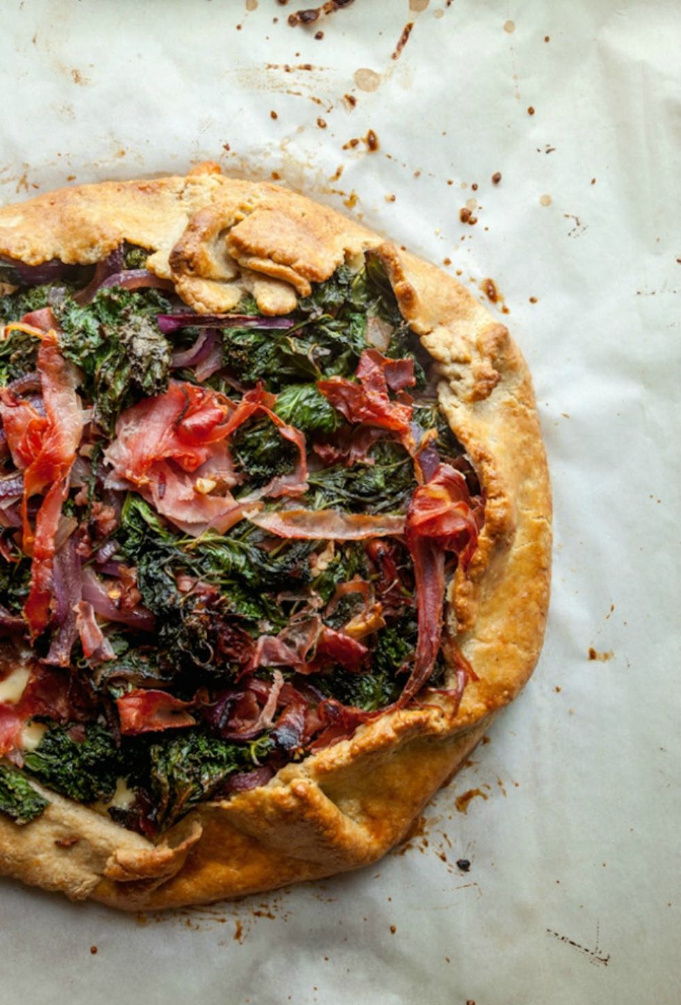 red and green Rustic Prosciutto and Kale Galette