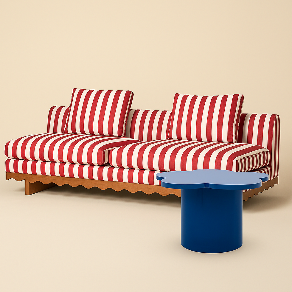 Red and white striped sofa with a blue flower-shaped table.