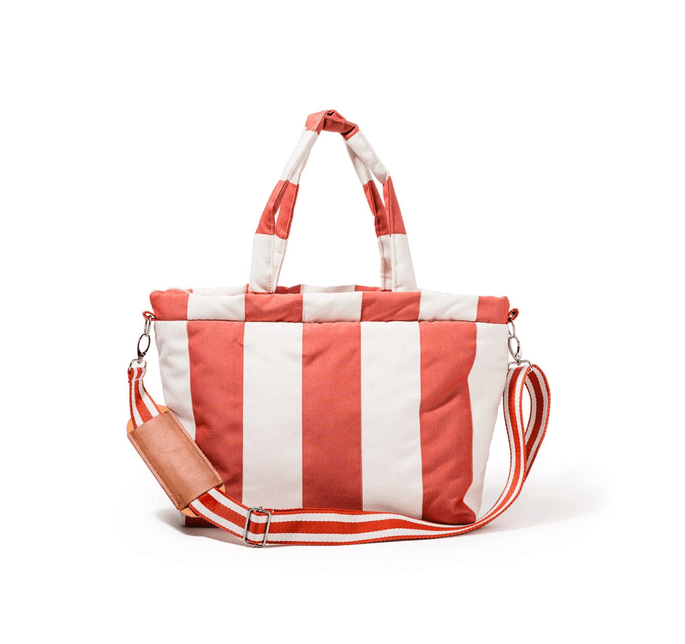 Red and white striped tote bag with detachable strap.