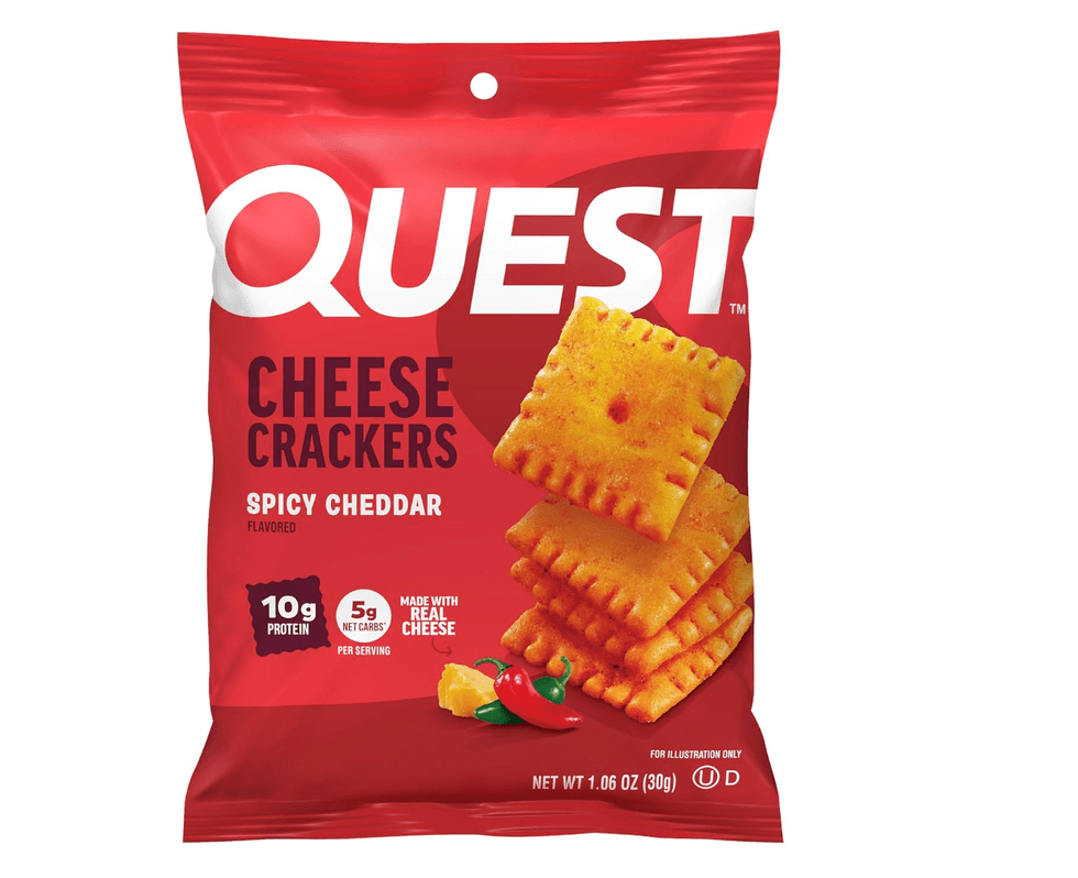 Red bag of Quest Spicy Cheddar Cheese Crackers with nutritional info.