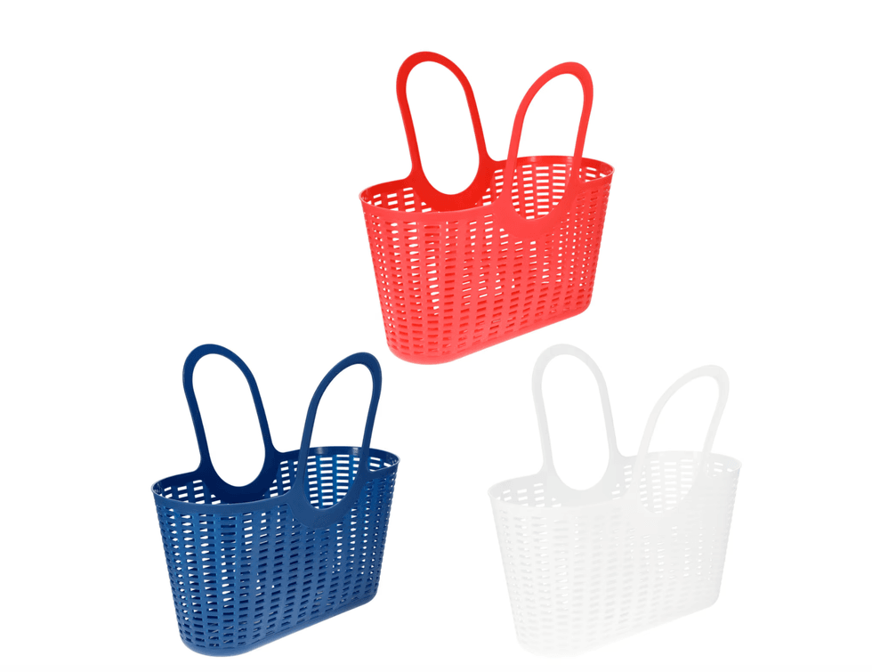 Red, blue, and white plastic woven shopping baskets on a white background.