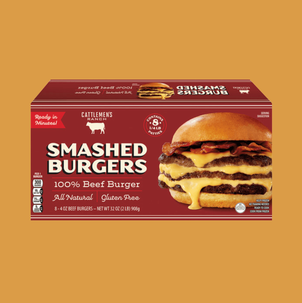Red box of Cattlemen's Ranch Smashed Burgers with cheese and bacon on a yellow background.