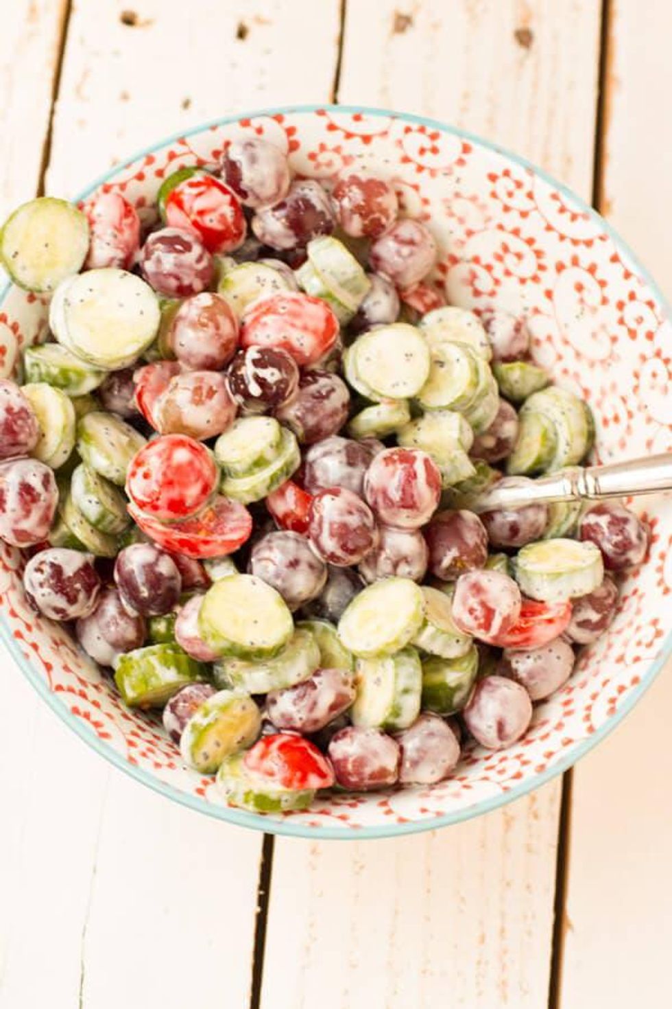 red green and purple Cucumber Salad with Grapes and Poppyseed Dressing