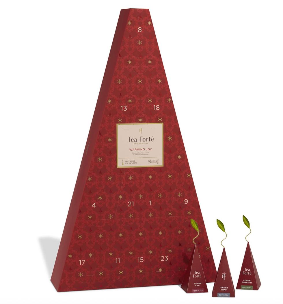 Red tea advent calendar with triangular tea bags, labeled "Tea Fort\u00e9 Warming Joy."