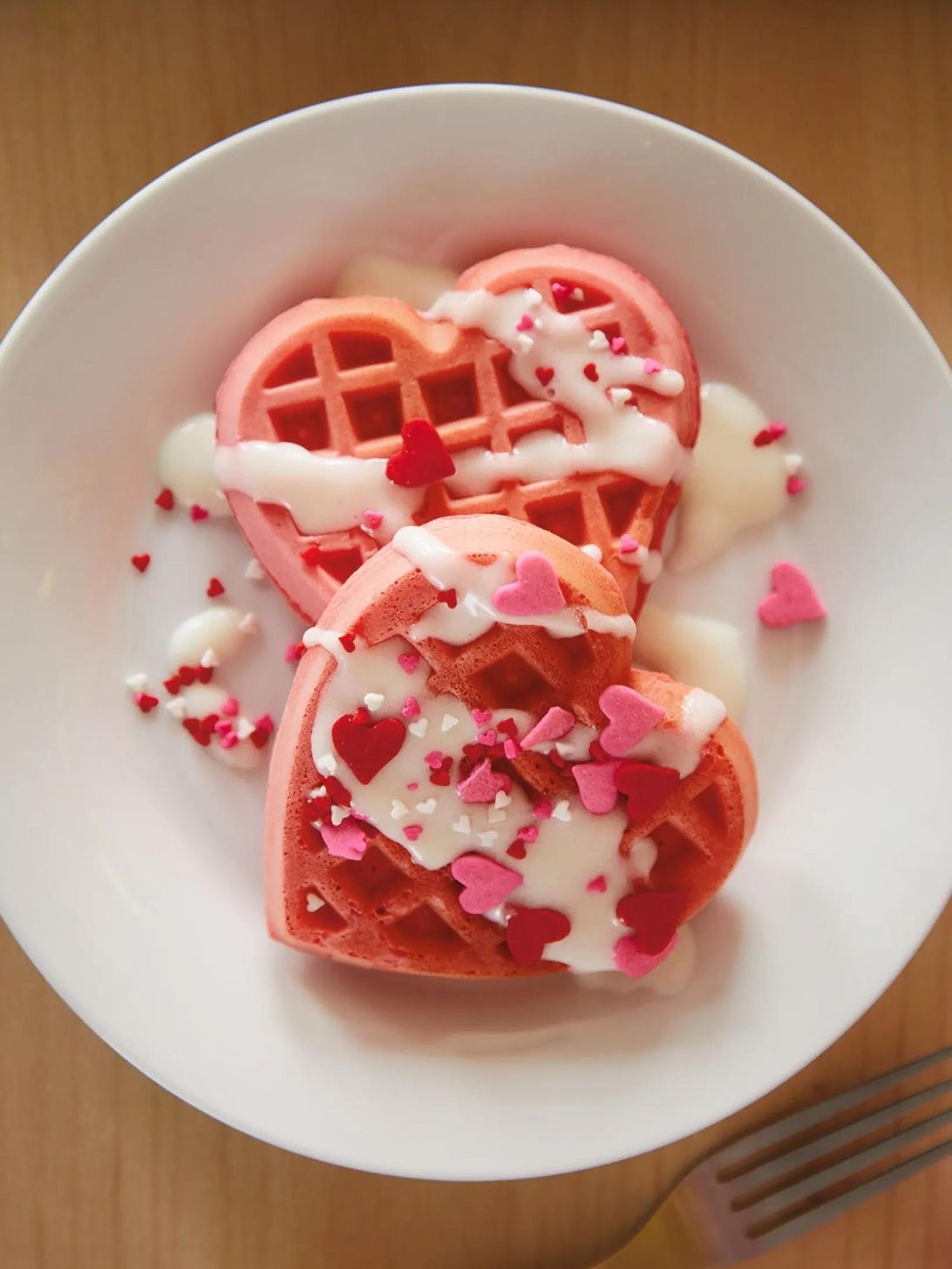 Red Velvet Heart Waffles With Cream Cheese Glaze