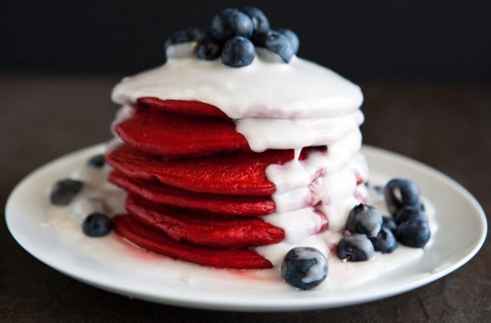 Red Velvet Pancakes With Coconut Syrup and Blueberries