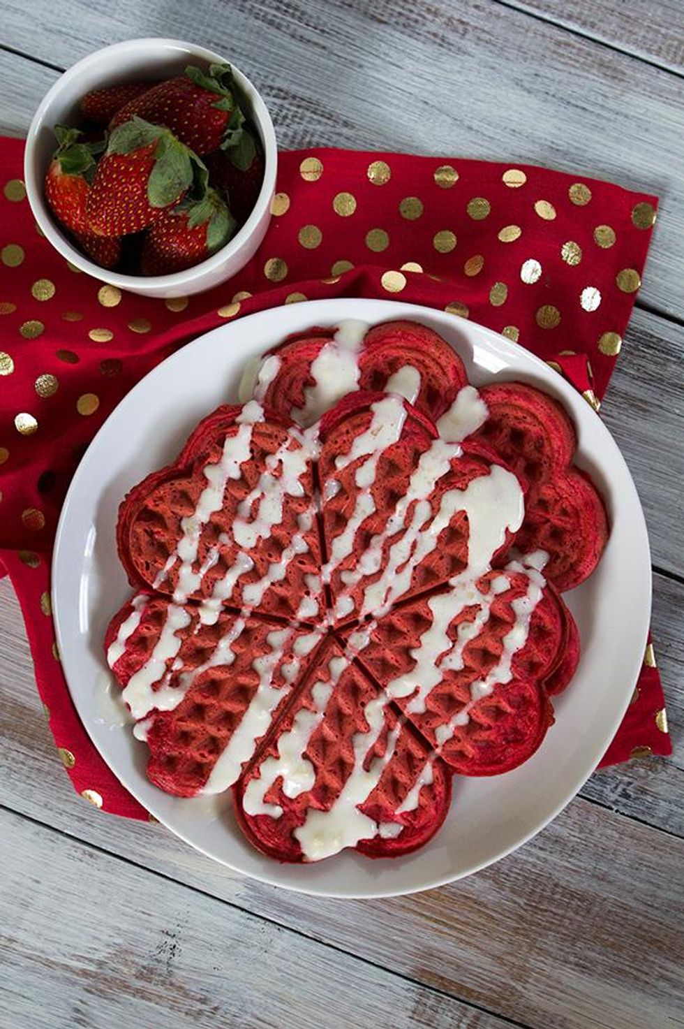 Red Velvet Waffles wiith Cream Cheese Syrup