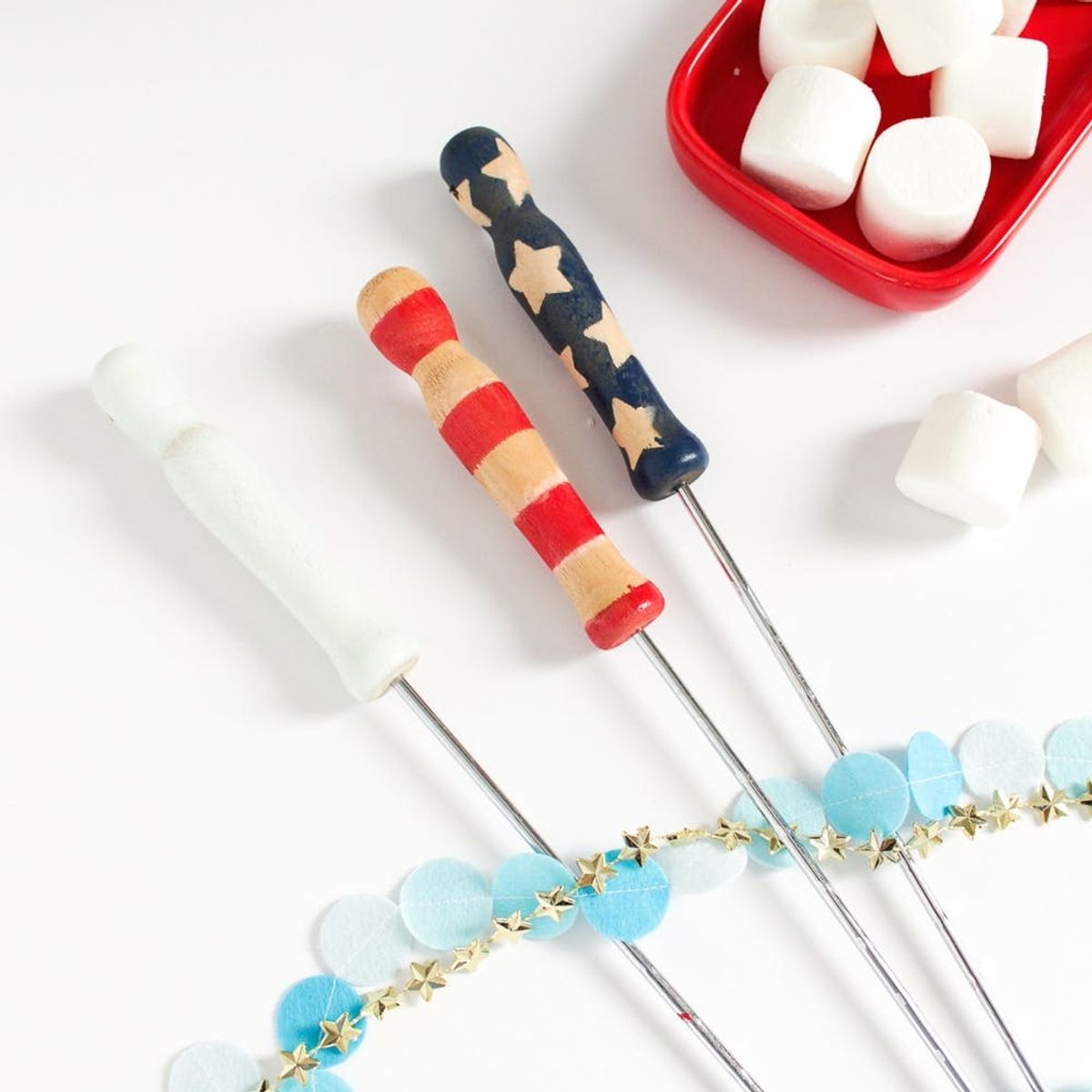 red white and blue campfire roasting sticks