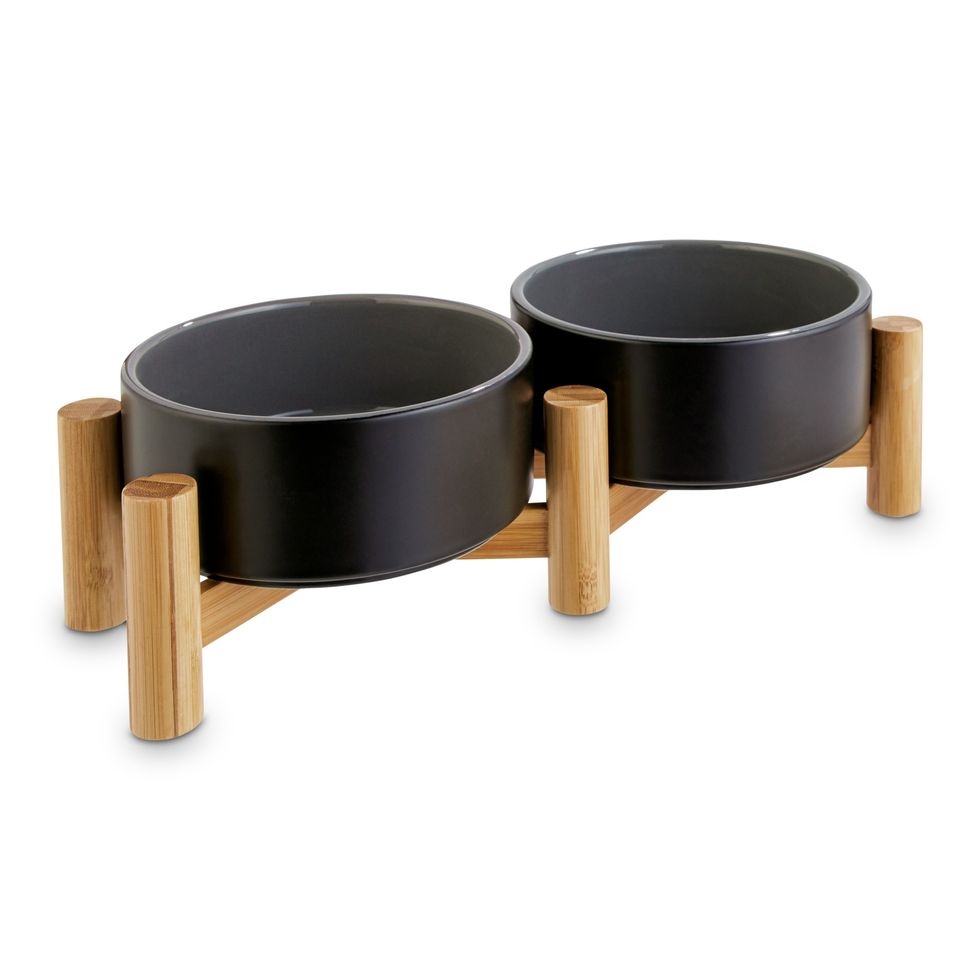Reddy Black Ceramic & Bamboo Elevated Double Diner Large Pet Bowl
