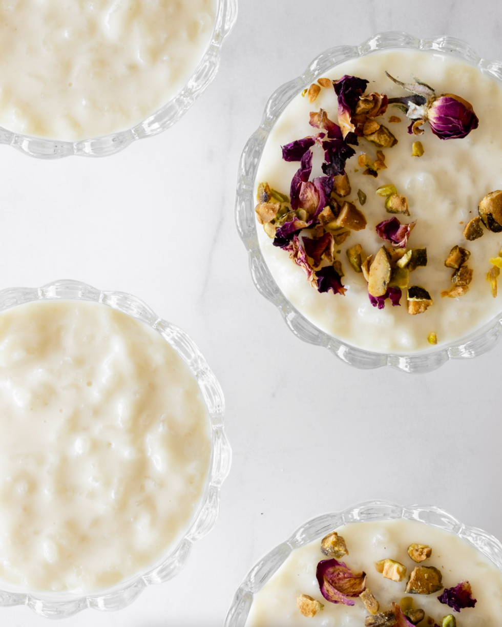 rice pudding with rose petals and pistachio