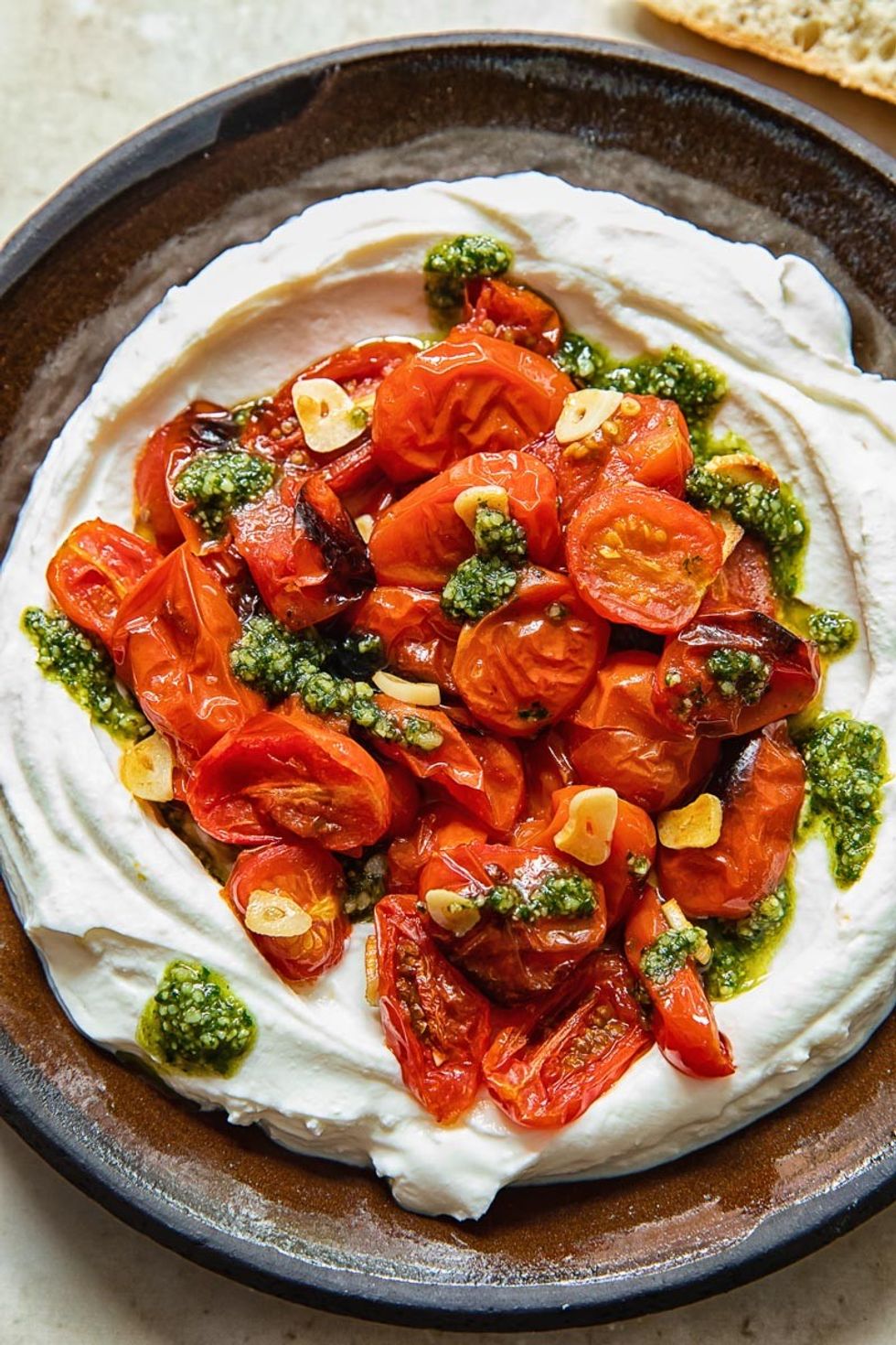 Ricotta Dip With Roasted Cherry Tomatoes and Basil Pesto