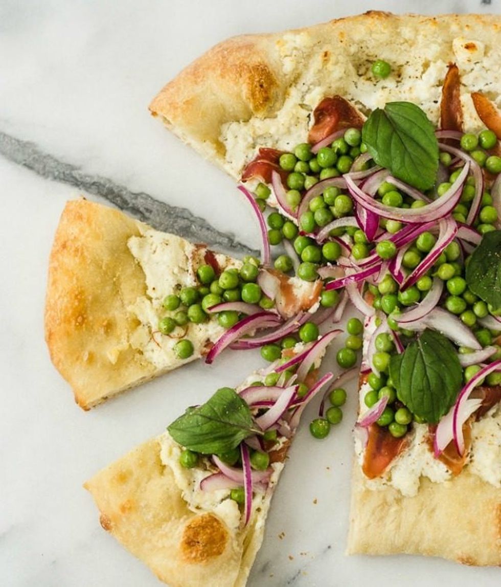 Ricotta Pizza With Prosciutto and Fresh Pea Salad