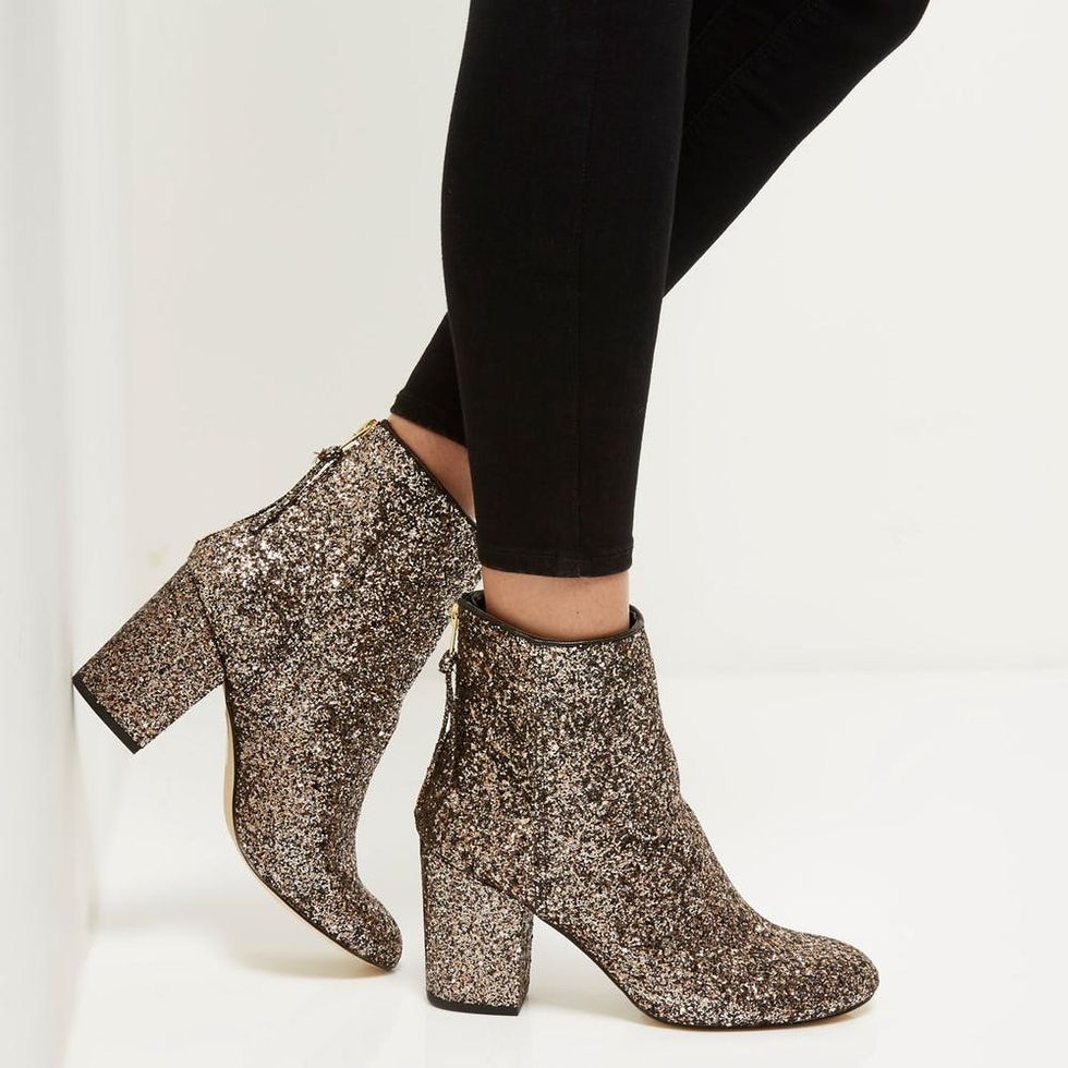 River Island Gold Glitter Block Heel Ankle Boots