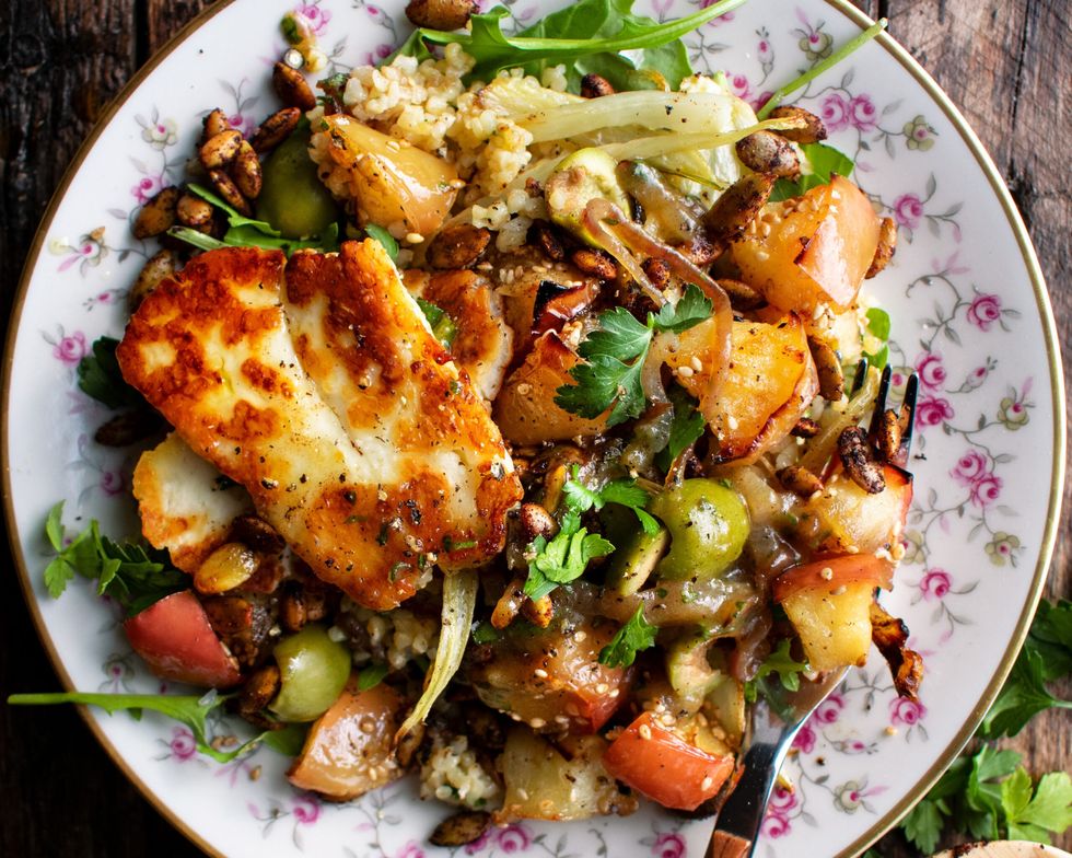 Roasted Apple Bulgur Salad with Halloumi & Date Vinaigrette