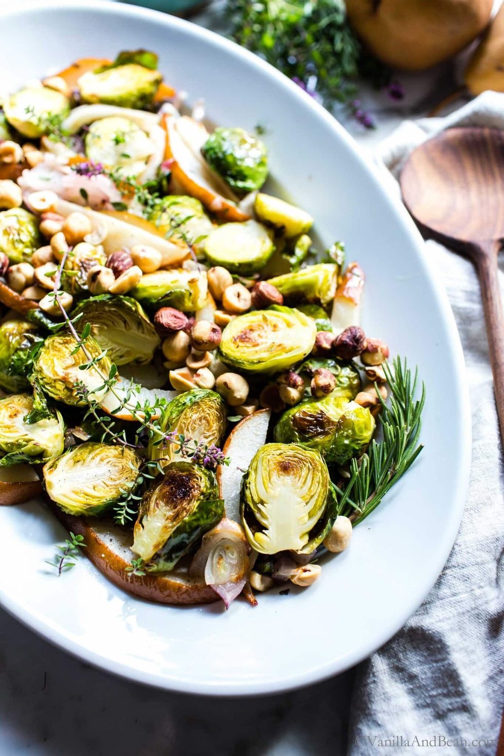 Roasted Brussel Sprouts and Pear with Thyme