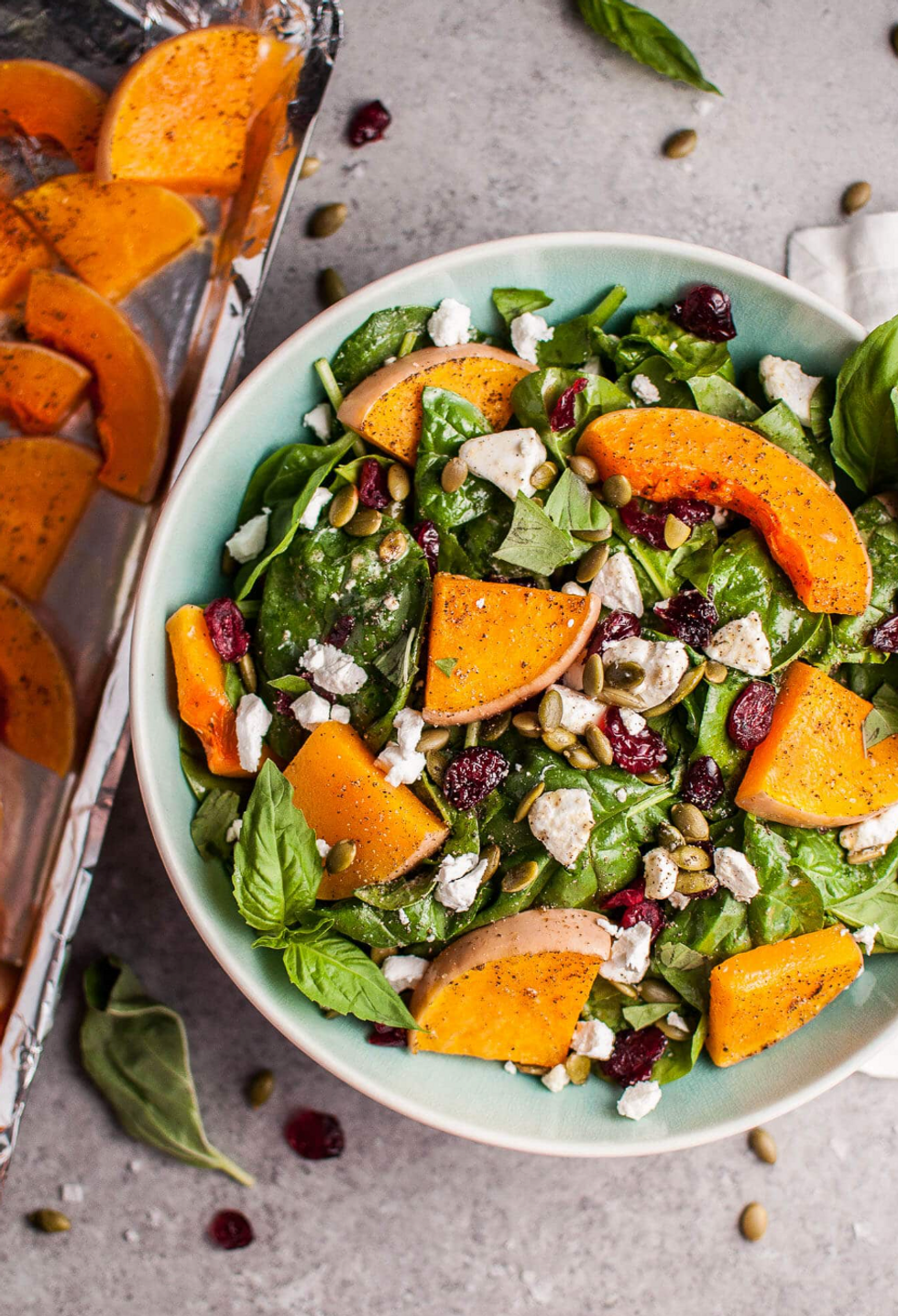 Roasted Butternut Squash Spinach Salad with Goat Cheese