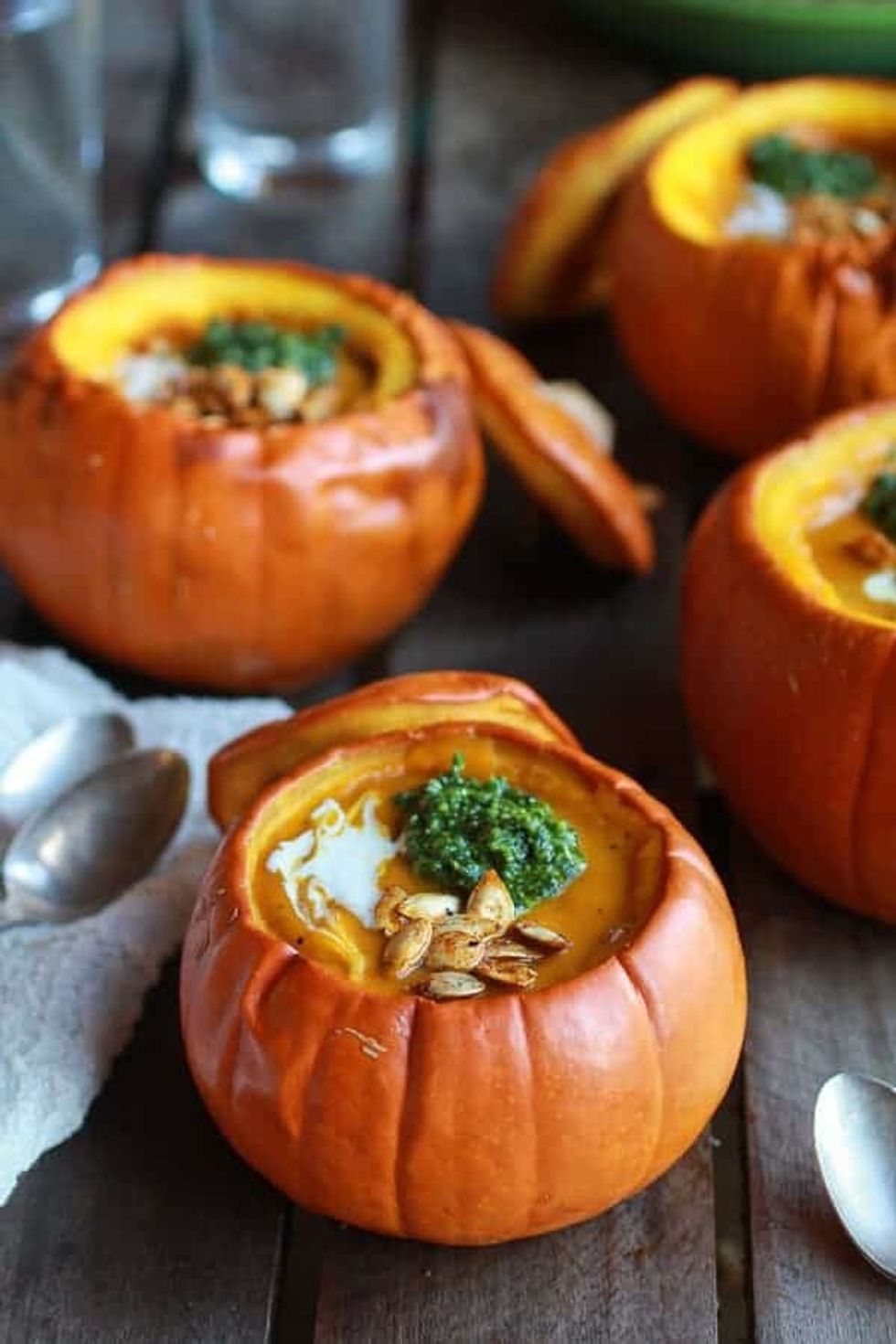 Roasted Garlic Sage Pesto Pumpkin Soup with Spicy Fried Pumpkin Seeds