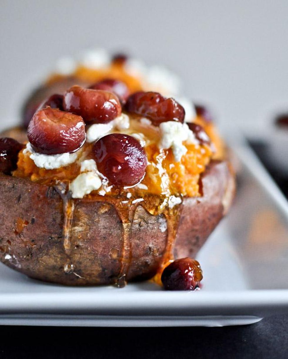 Roasted Grape, Goat Cheese and Honey Stuffed Sweet Potatoes