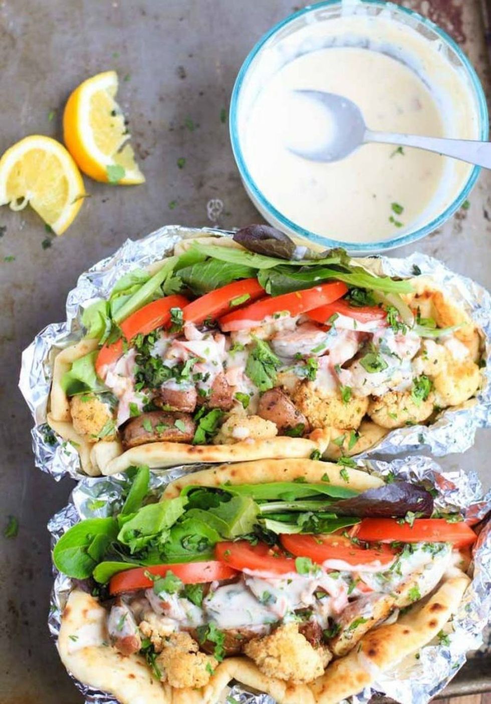 Roasted Mediterranean Cauliflower Potato Pitas