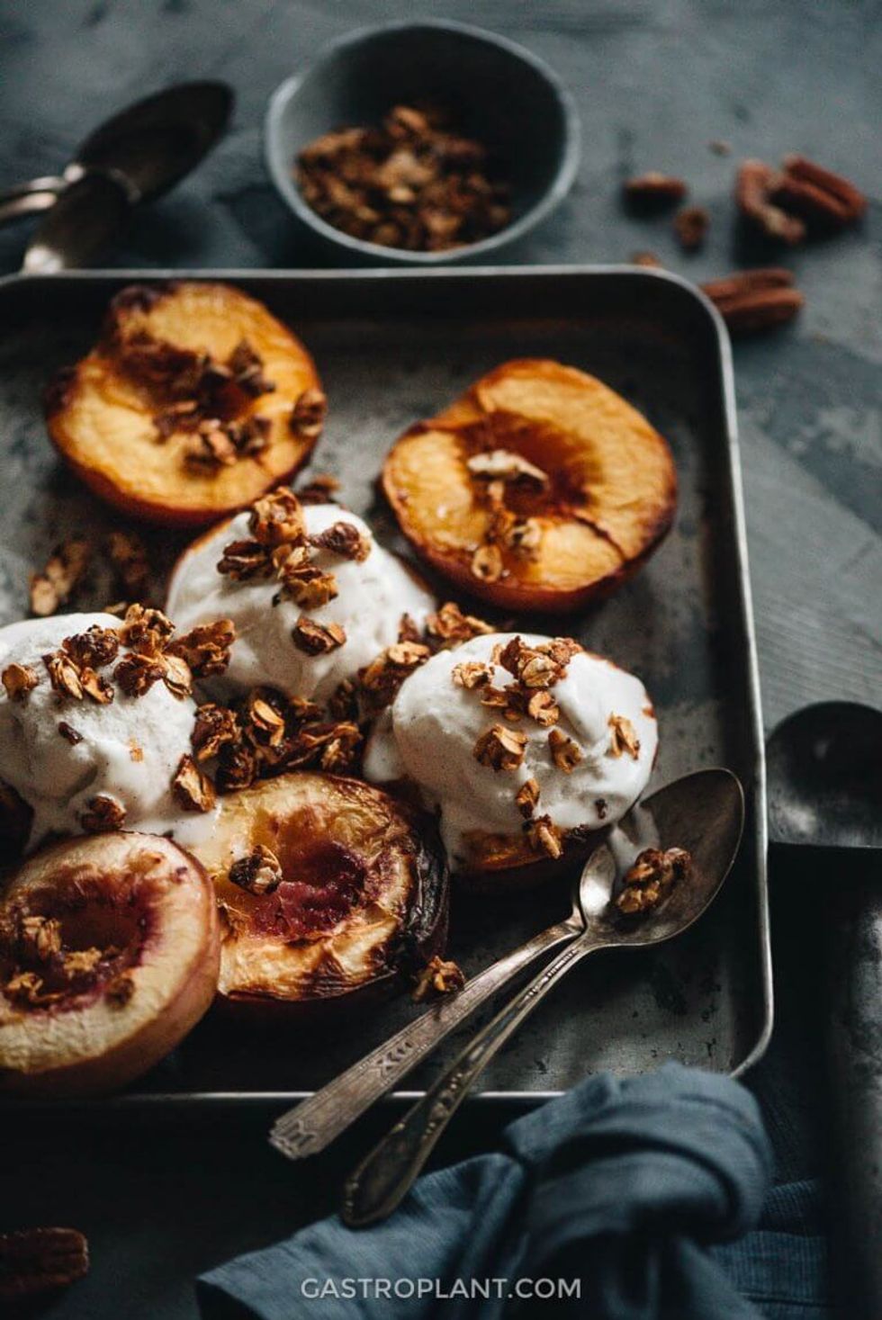 Roasted Peaches With Vegan Ice Cream and Granola