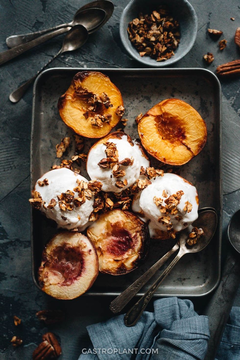 Roasted Peaches with Vegan Ice Cream + Granola
