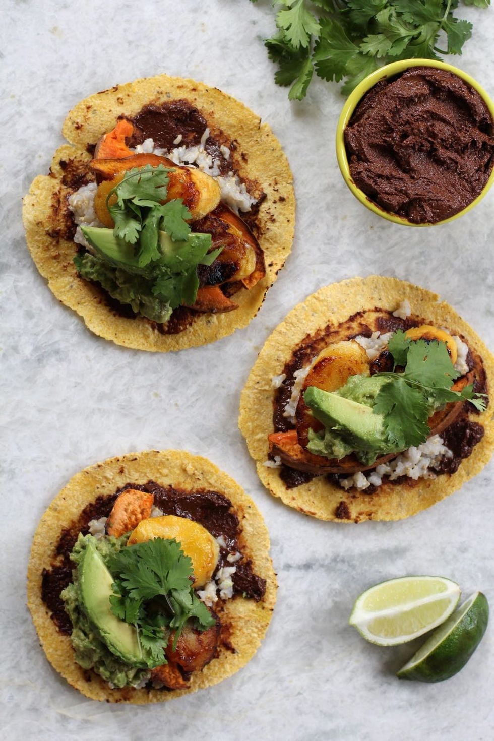 Roasted Sweet Potato, Plantain, and Cacao Mole Tacos