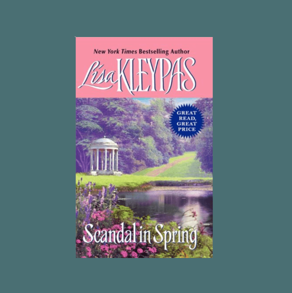 Romantic book cover with a garden scene and the title "Scandal in Spring."