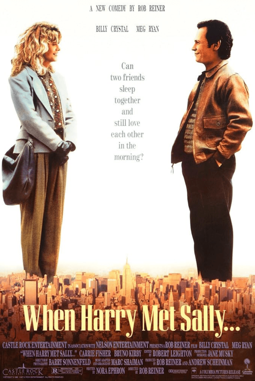 Romantic comedy poster with a cityscape background and two people facing each other.