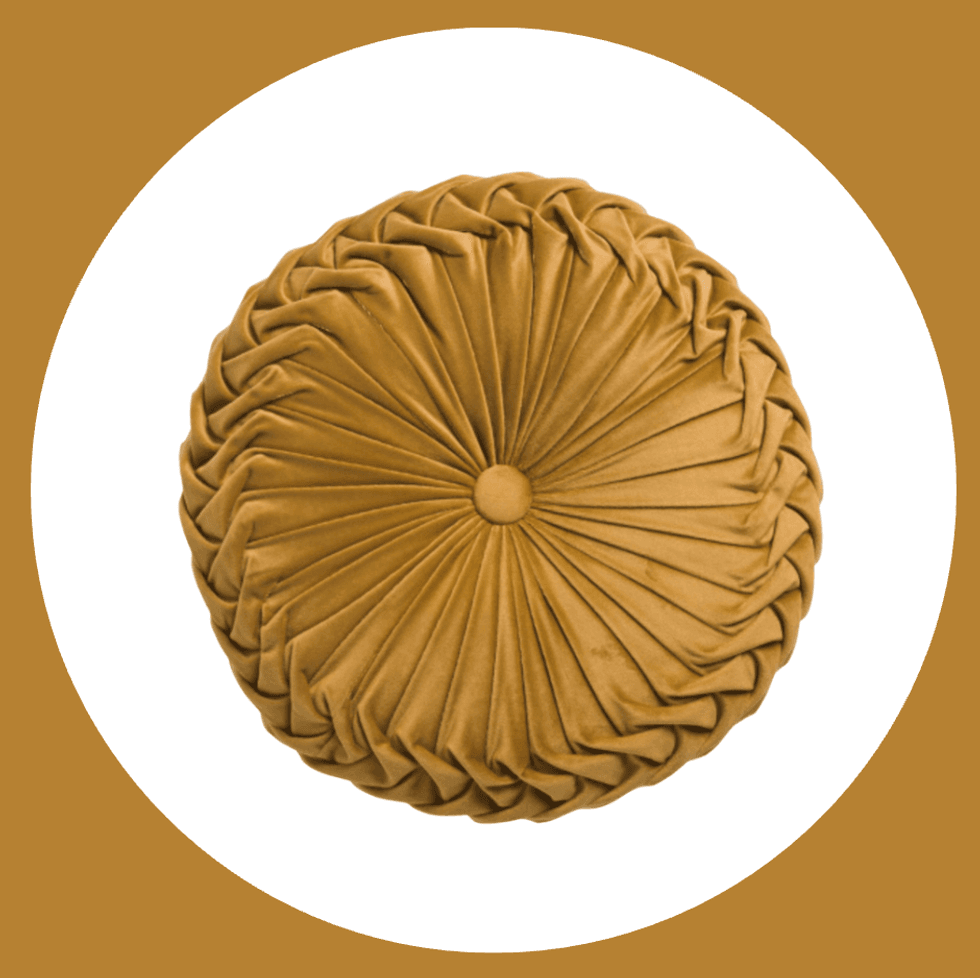 Round, mustard-colored pleated cushion on a white background with a mustard border.