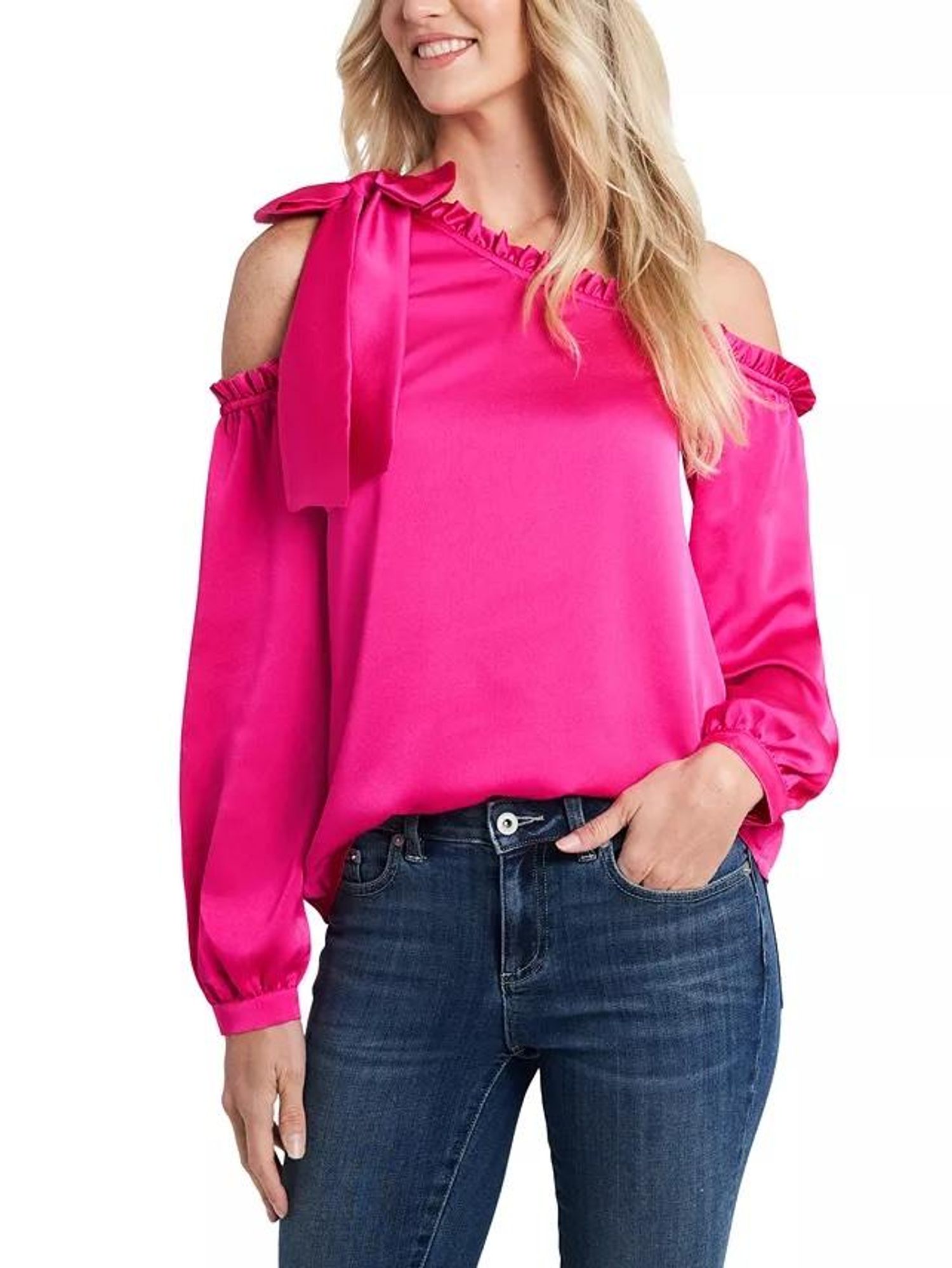 Ruffled One-Shoulder Bow Blouse