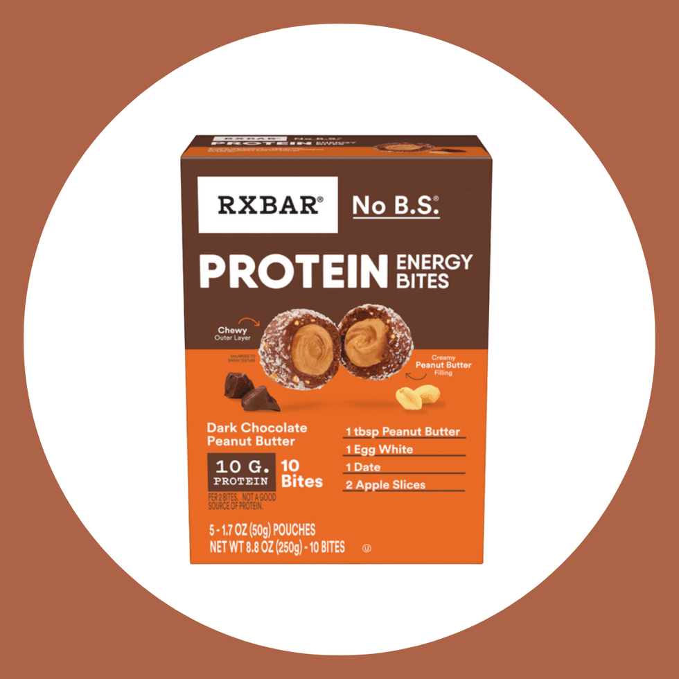 RXBAR Protein Energy Bites box, dark chocolate peanut butter flavor.