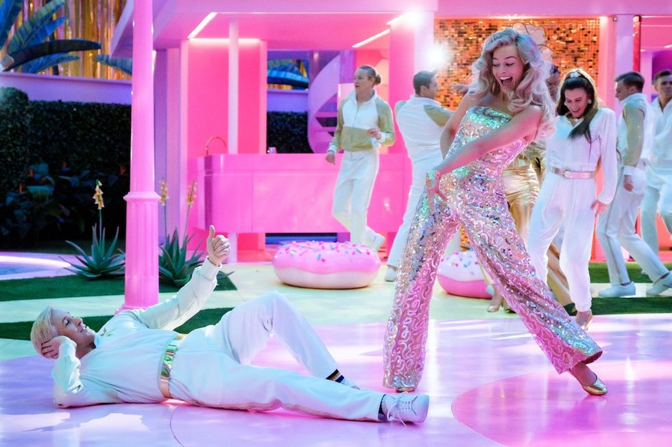 ryan gosling and margot robbie during barbie's blowout party in the barbie movie